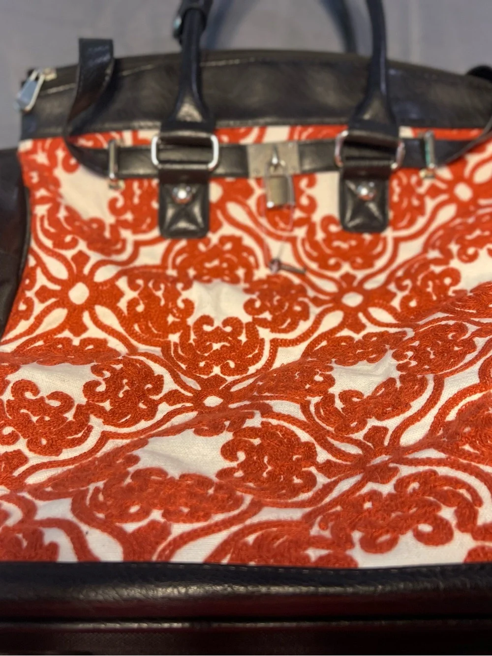 Black Leather Trim Laptop Tote with Orange Patterned Front